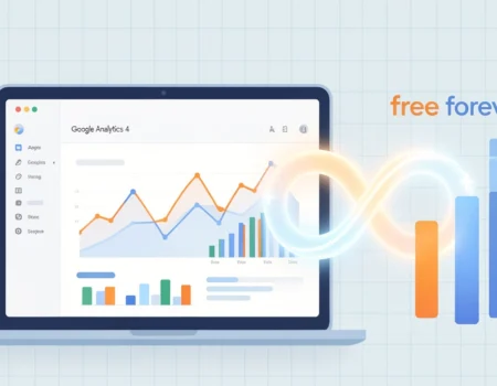 Google Analytics free forever concept showing GA4 dashboard with charts and an infinity symbol