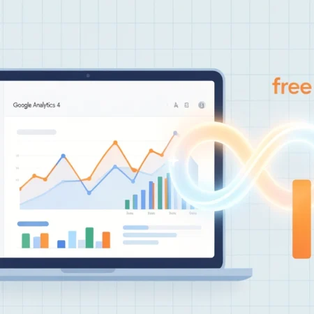 Google Analytics free forever concept showing GA4 dashboard with charts and an infinity symbol