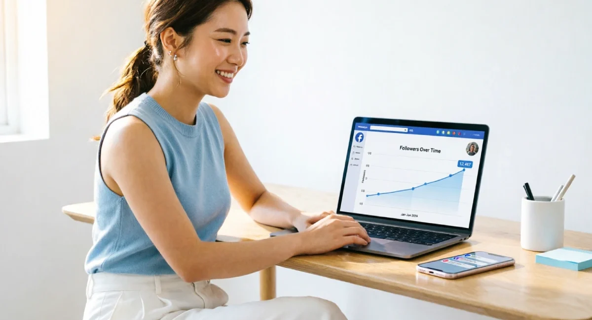 Person tracking how to grow Facebook page organically with rising follower graph on laptop