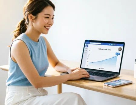 Person tracking how to grow Facebook page organically with rising follower graph on laptop