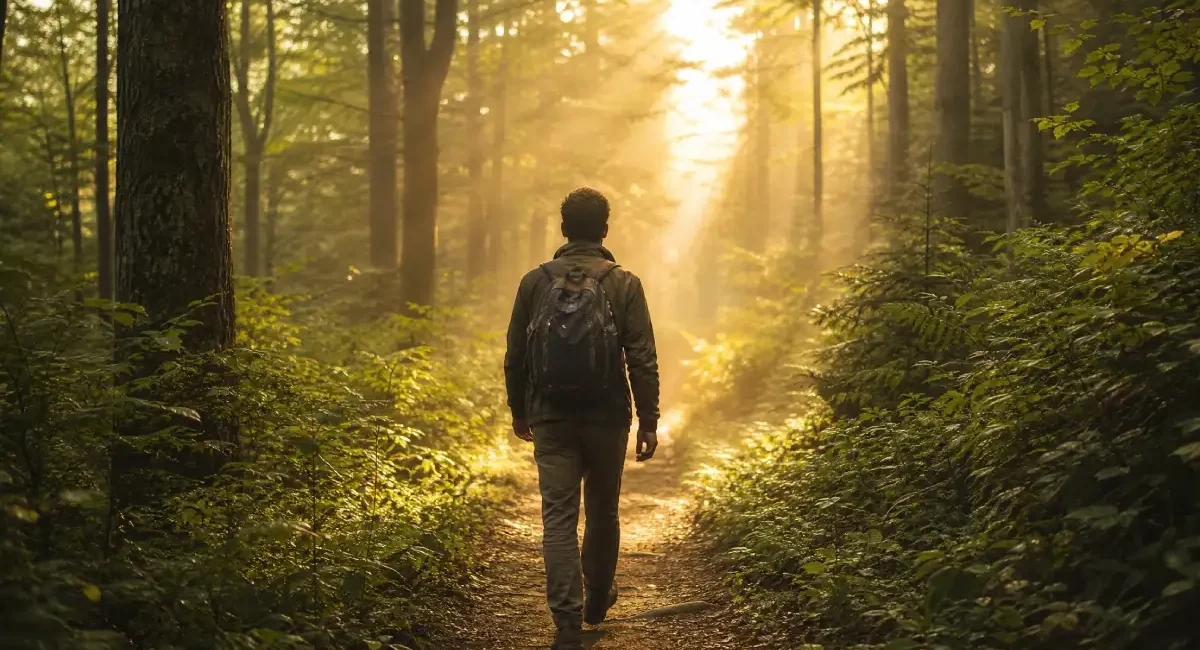 Person walking on a forest trail showing the health benefits of nature