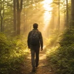Person walking on a forest trail showing the health benefits of nature