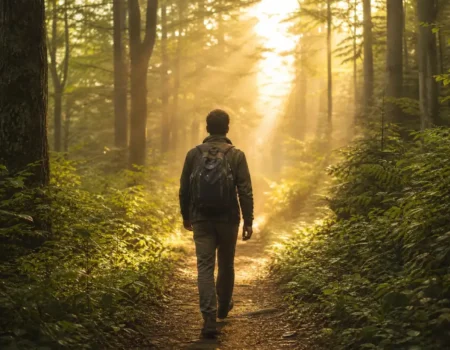 Person walking on a forest trail showing the health benefits of nature