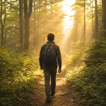 Person walking on a forest trail showing the health benefits of nature