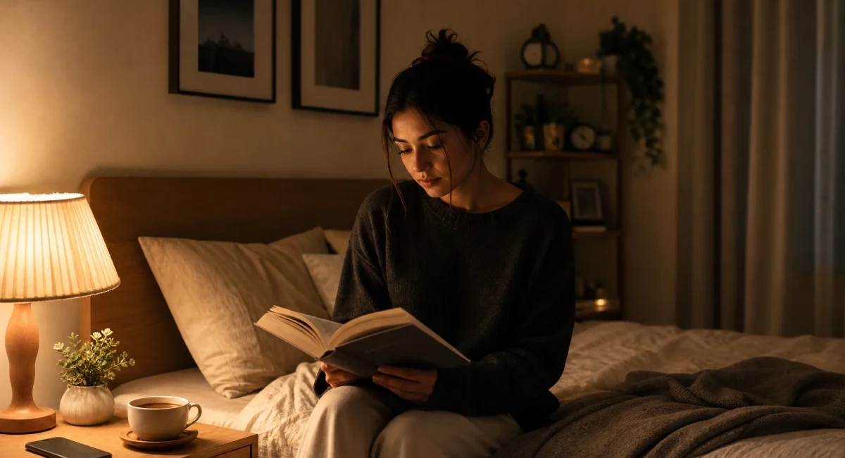 Person following a healthy evening sleep routine while reading before bed