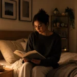 Person following a healthy evening sleep routine while reading before bed
