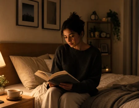 Person following a healthy evening sleep routine while reading before bed