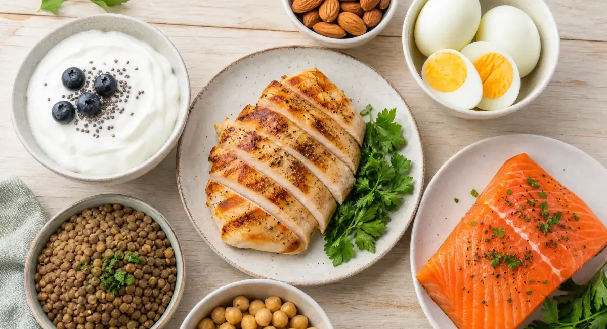 High-protein foods weight loss meal spread with eggs, chicken, and lentils