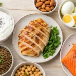 High-protein foods weight loss meal spread with eggs, chicken, and lentils
