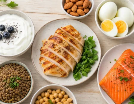 High-protein foods weight loss meal spread with eggs, chicken, and lentils