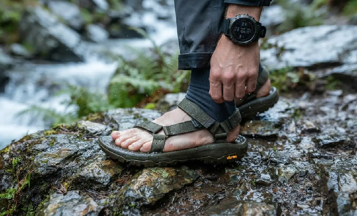 Close-up of hiking sandals and a GPS watch on rocky trail terrain