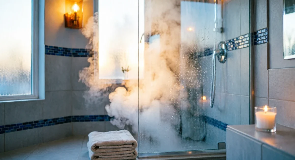 Steamy bathroom shower illustrating the hot shower cortisol sleep connection at night