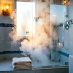 Steamy bathroom shower illustrating the hot shower cortisol sleep connection at night