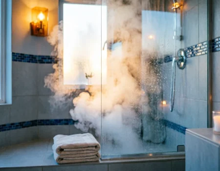 Steamy bathroom shower illustrating the hot shower cortisol sleep connection at night