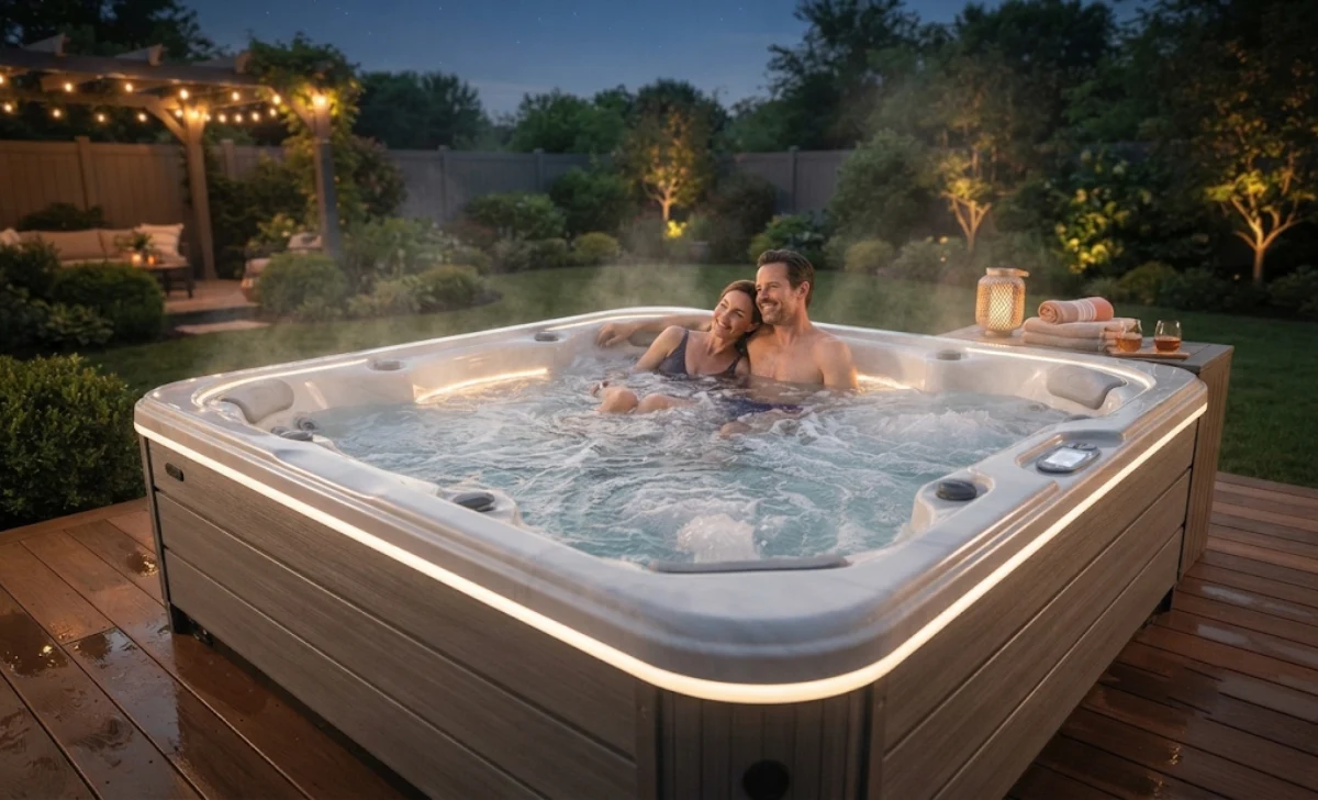 Couple relaxing in a hot tub using massage jets for hydrotherapy