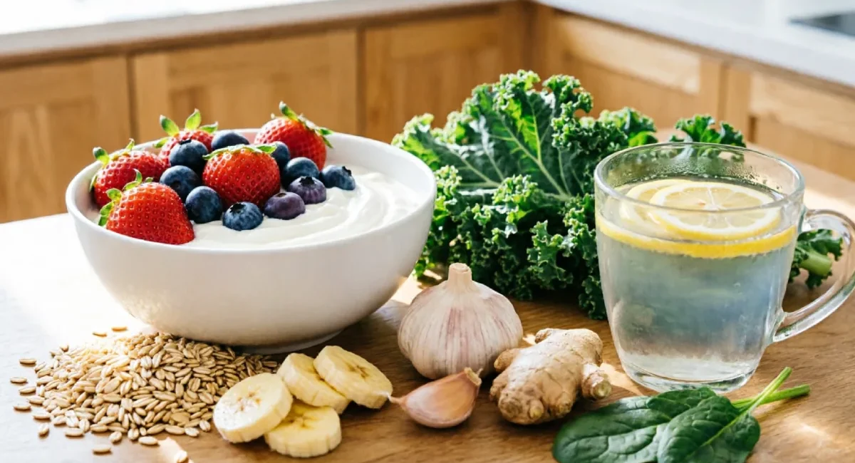 Fresh foods to improve gut health naturally on a table