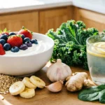 Fresh foods to improve gut health naturally on a table