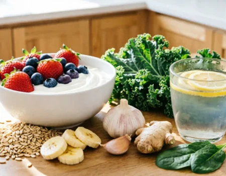 Fresh foods to improve gut health naturally on a table