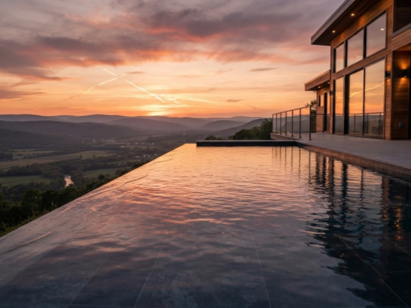 Infinity edge pool overlooking a hillside view at sunset