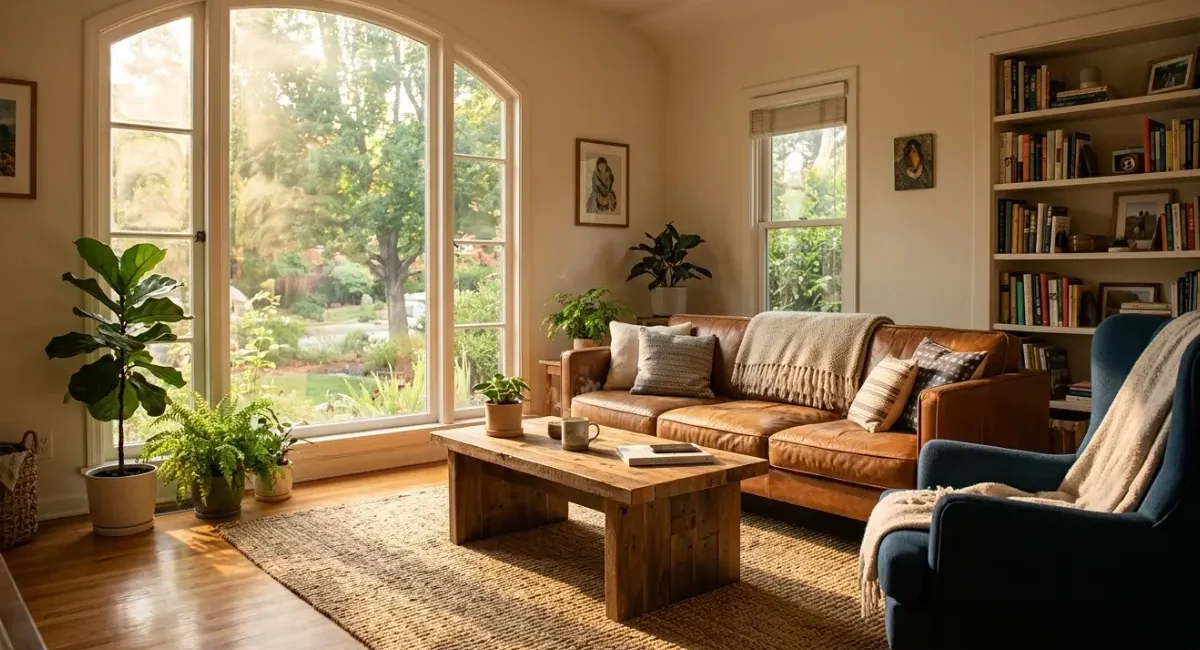 Home window treated with reflective window film and interior cellular shades to block summer heat and reduce cooling costs