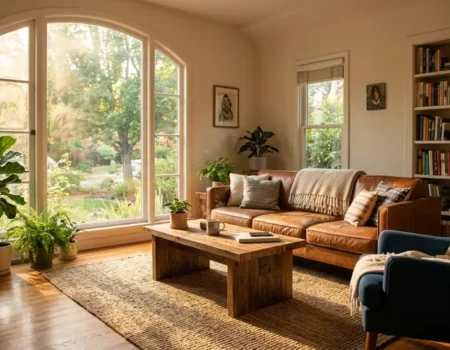 Home window treated with reflective window film and interior cellular shades to block summer heat and reduce cooling costs