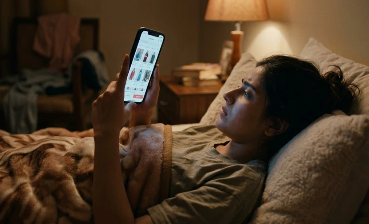 Woman scrolling shopping app in bed showing emotional spending triggers at night