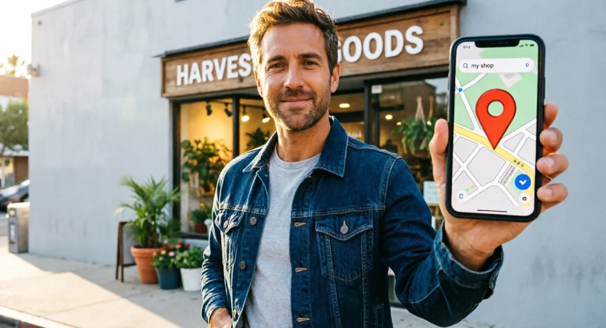 Local SEO small businesses guide — shop owner checking Google Maps ranking on smartphone
