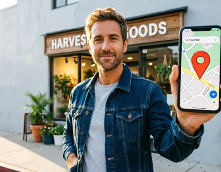 Local SEO small businesses guide — shop owner checking Google Maps ranking on smartphone