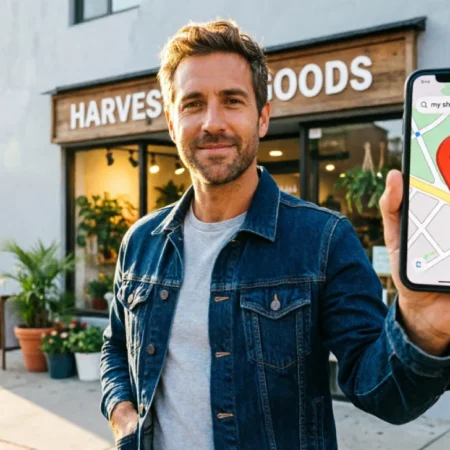 Local SEO small businesses guide — shop owner checking Google Maps ranking on smartphone