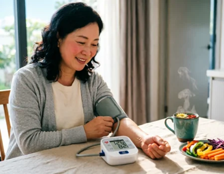 Person checking how to lower blood pressure naturally fast using a home monitor