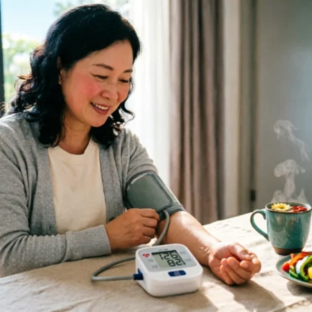 Person checking how to lower blood pressure naturally fast using a home monitor