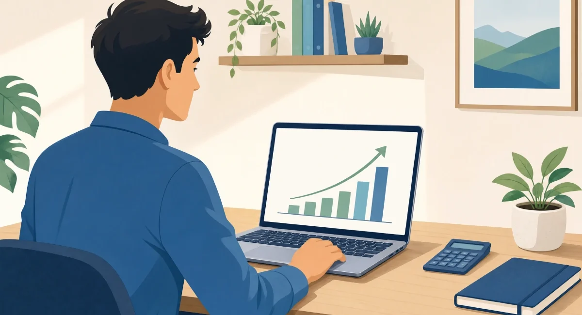 solo business owner measuring digital marketing ROI on laptop with growth chart