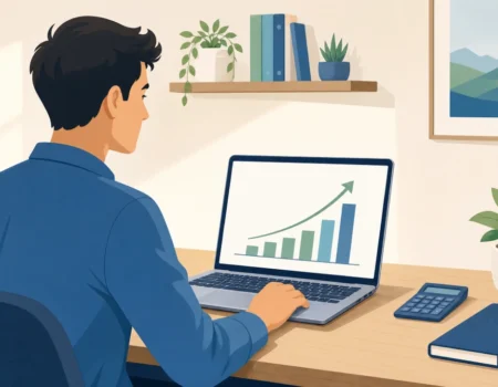 solo business owner measuring digital marketing ROI on laptop with growth chart