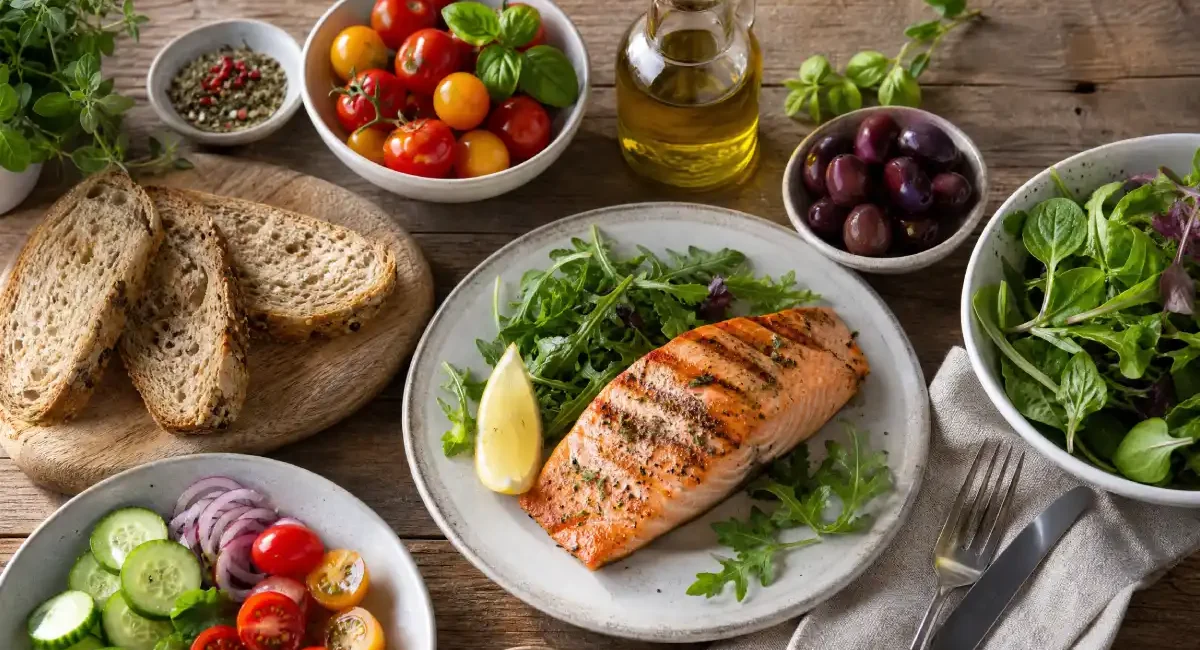 Mediterranean diet meal plan with fresh vegetables and olive oil