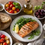 Mediterranean diet meal plan with fresh vegetables and olive oil