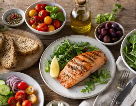 Mediterranean diet meal plan with fresh vegetables and olive oil