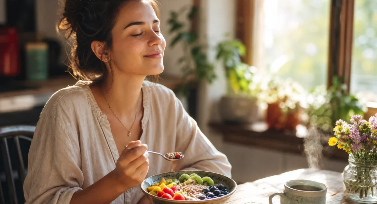 mindful eating weight loss - woman calmly enjoying a healthy meal