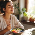 mindful eating weight loss - woman calmly enjoying a healthy meal