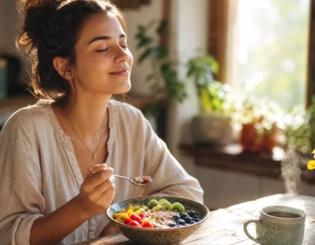 mindful eating weight loss - woman calmly enjoying a healthy meal