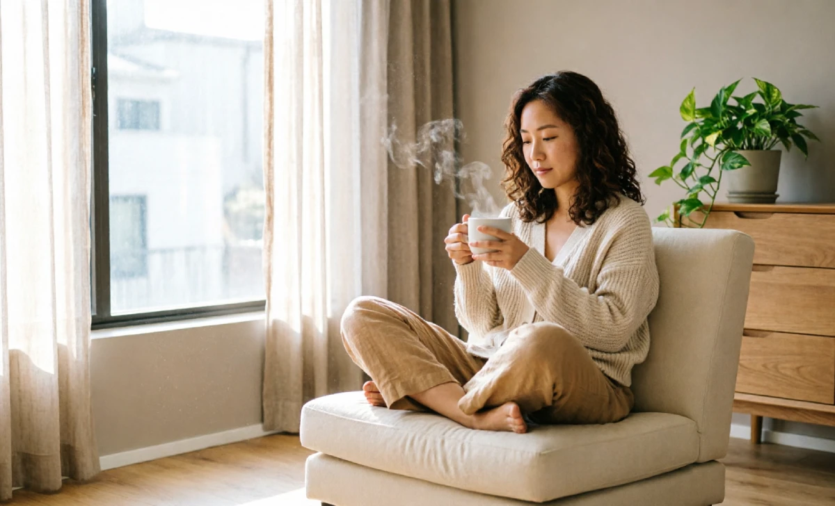 Person sipping coffee and watching morning light by the window