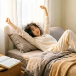 Morning routine for energy — person stretching in sunlit bedroom during morning wake-up routine