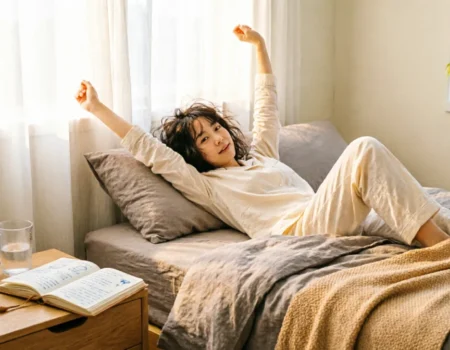 Morning routine for energy — person stretching in sunlit bedroom during morning wake-up routine