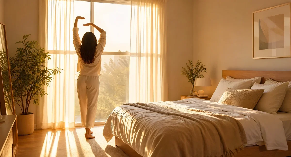 morning sunlight for sleep helping a person wake up refreshed in a sunlit bedroom