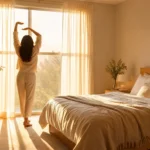 morning sunlight for sleep helping a person wake up refreshed in a sunlit bedroom
