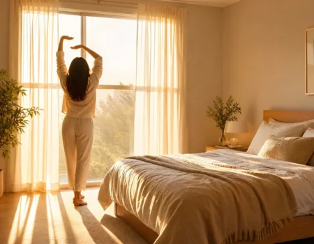 morning sunlight for sleep helping a person wake up refreshed in a sunlit bedroom