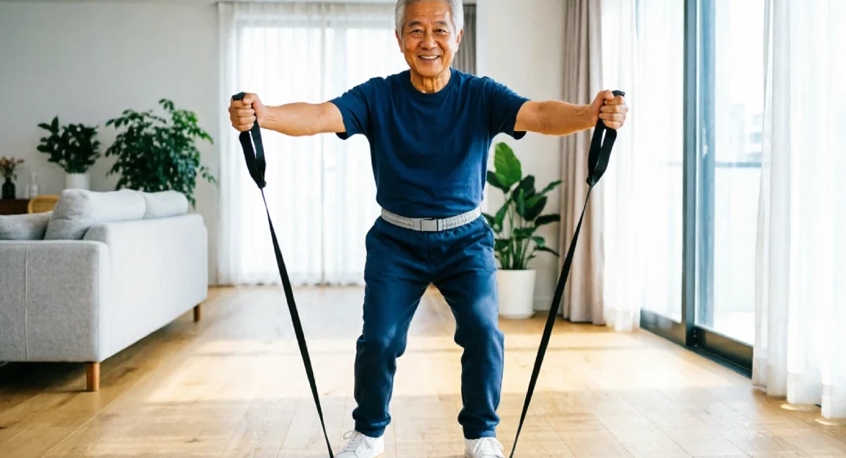 muscle strength healthy aging senior doing resistance band workout at home