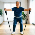 muscle strength healthy aging senior doing resistance band workout at home