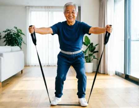 muscle strength healthy aging senior doing resistance band workout at home