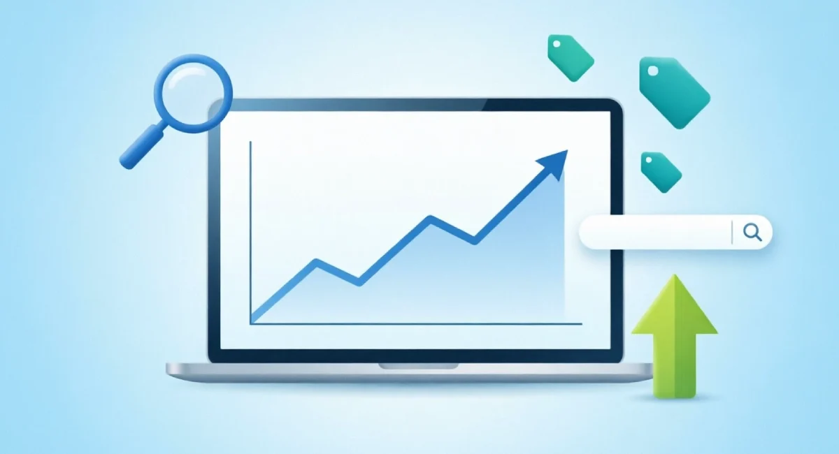 New website SEO strategy growth chart with search ranking icons