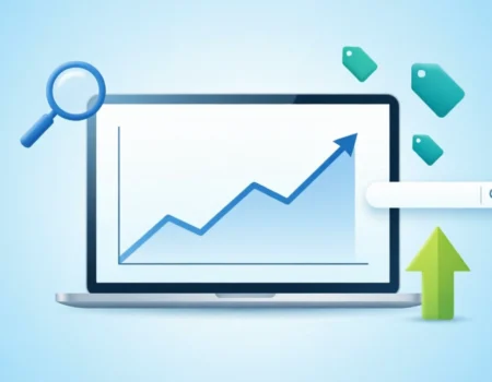 New website SEO strategy growth chart with search ranking icons